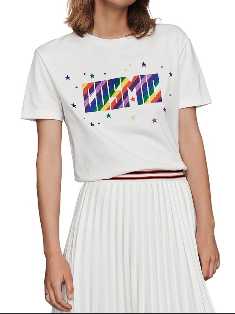 Maje White Crewneck Tee with Yellow Embroidered Dot